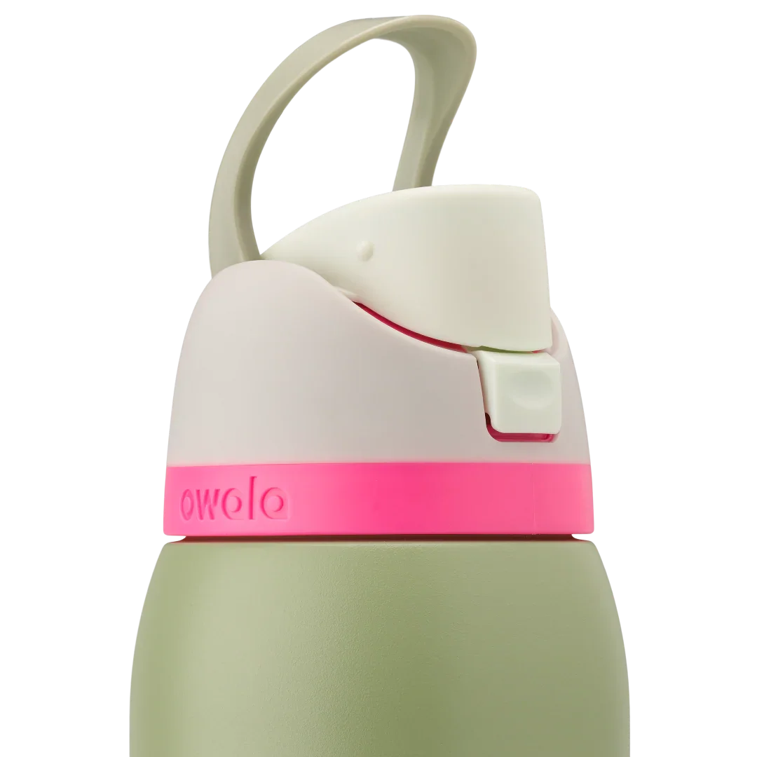Owala freesip water bottle closed lid with carry handle neo sage - green bottle with pink lid
