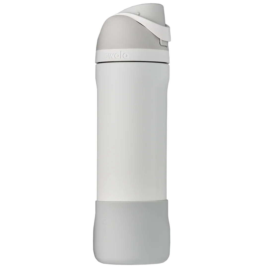 Owala grey silicone bottle boot on white freesip bottle
