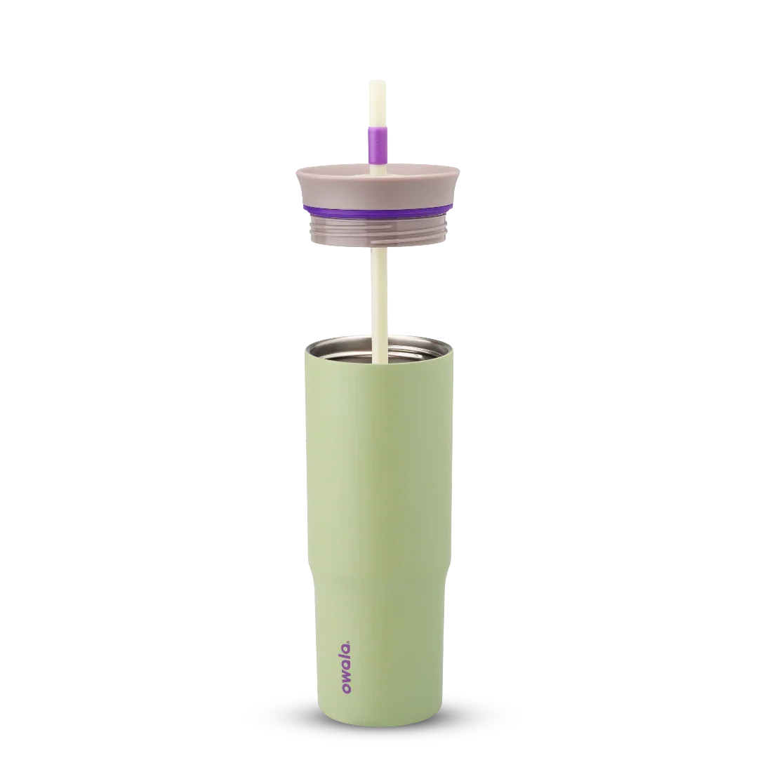 Owala green 710ml tumbler with a purple lid and straw half off