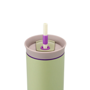 Owala green 710ml tumbler with a purple lid and straw close up shot