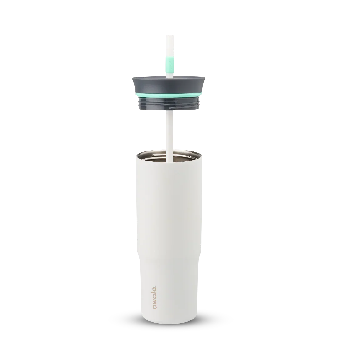 Owala White 710ml tumbler with a black lid and straw lid half off