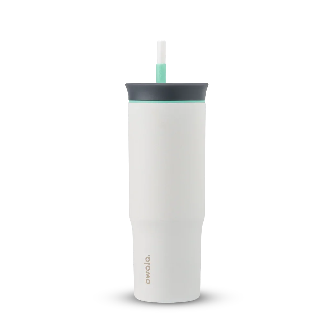 Owala White 710ml tumbler with a black lid and straw