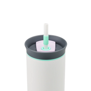 Owala White 710ml tumbler with a black lid and straw close up shot of lid