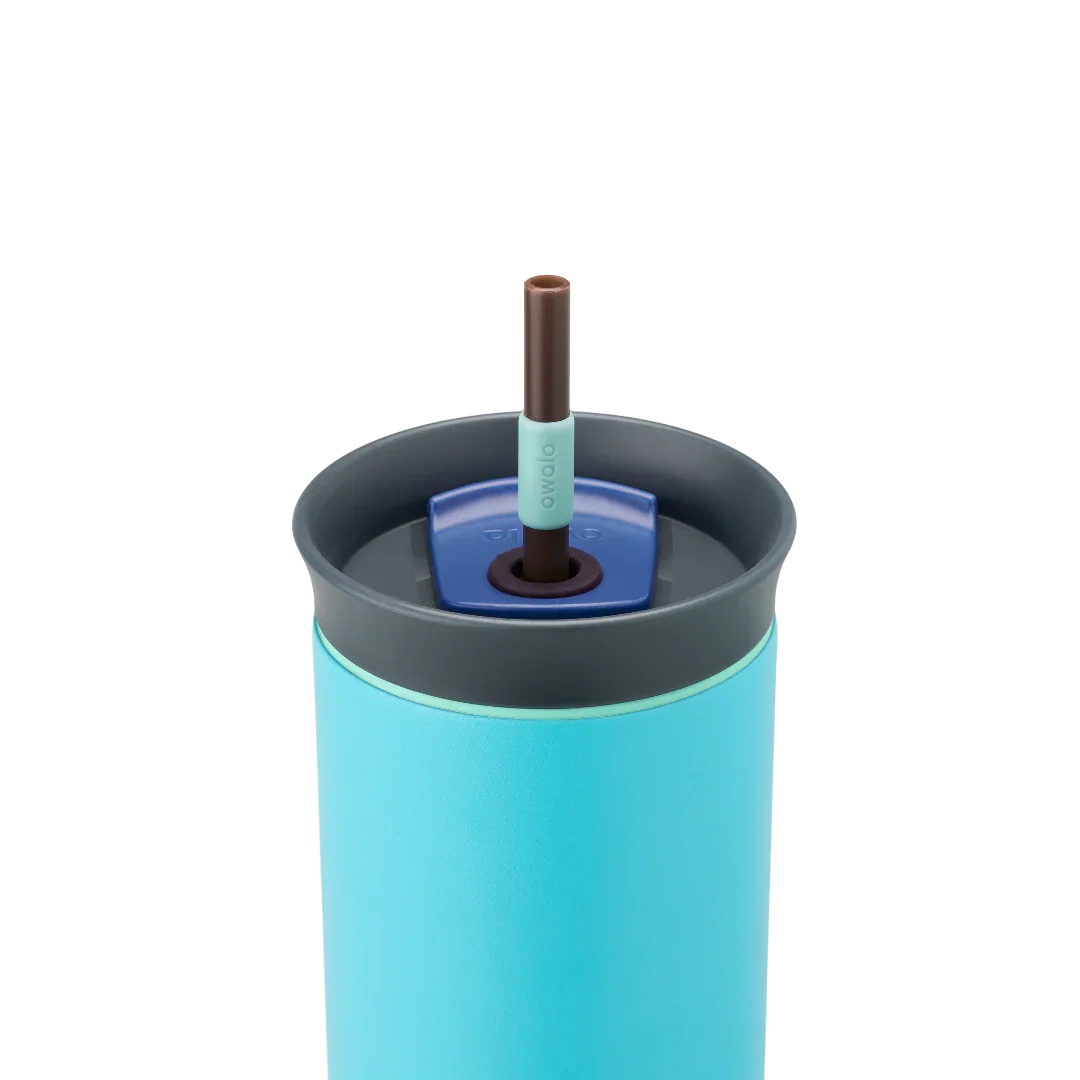 Owala tumbler with removable straw 710ml light blue base with dark lid close up shot of lid