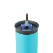 Owala tumbler with removable straw 710ml light blue base with dark lid close up shot of lid
