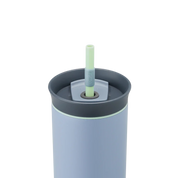 Owala tumbler with removable straw 710ml light blue base with dark lid cluse up shot of lid