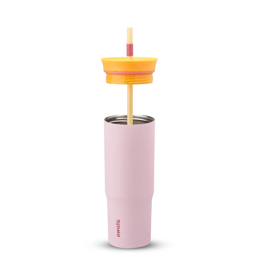 Owala pink 710ml tumbler with a yellow lid and straw lid half off