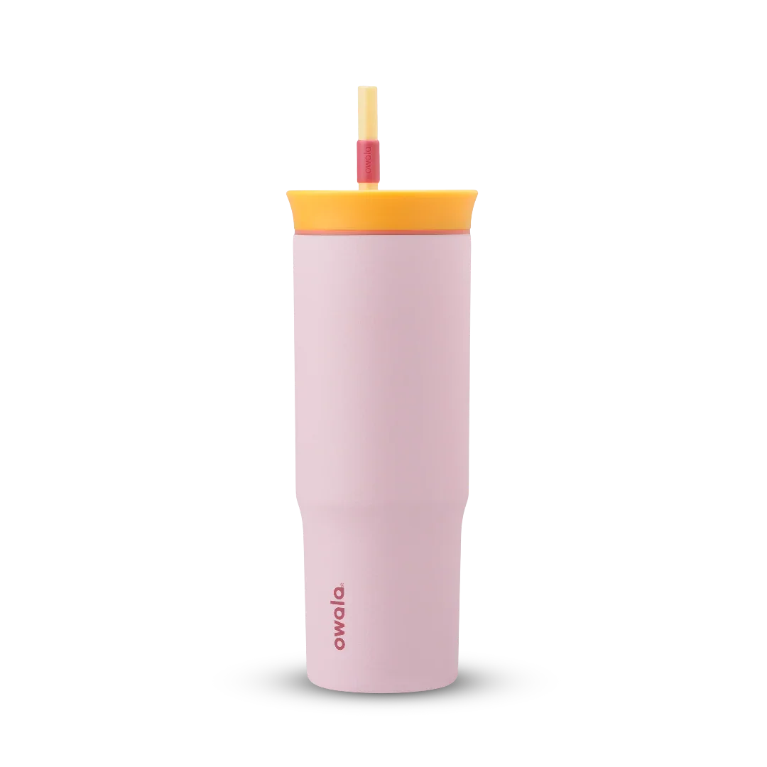 Owala pink 710ml tumbler with a yellow lid and straw