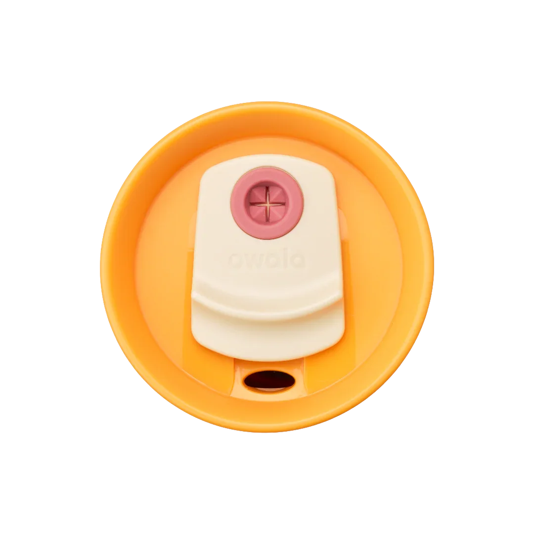 Owala pink 710ml tumbler with a yellow lid and straw top down shot of lid