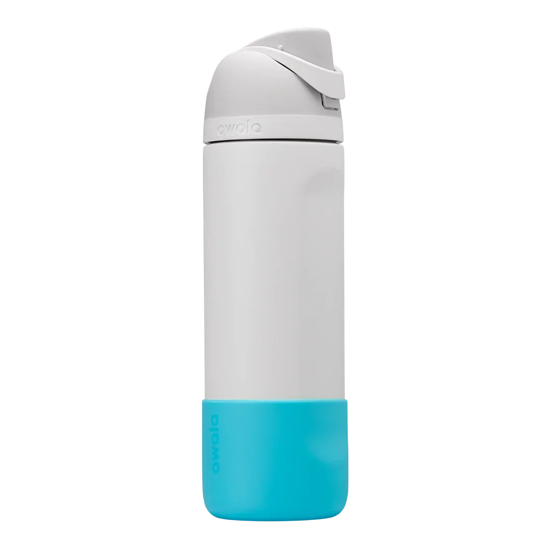 Owala blue silicone bottle boot on white freesip bottle