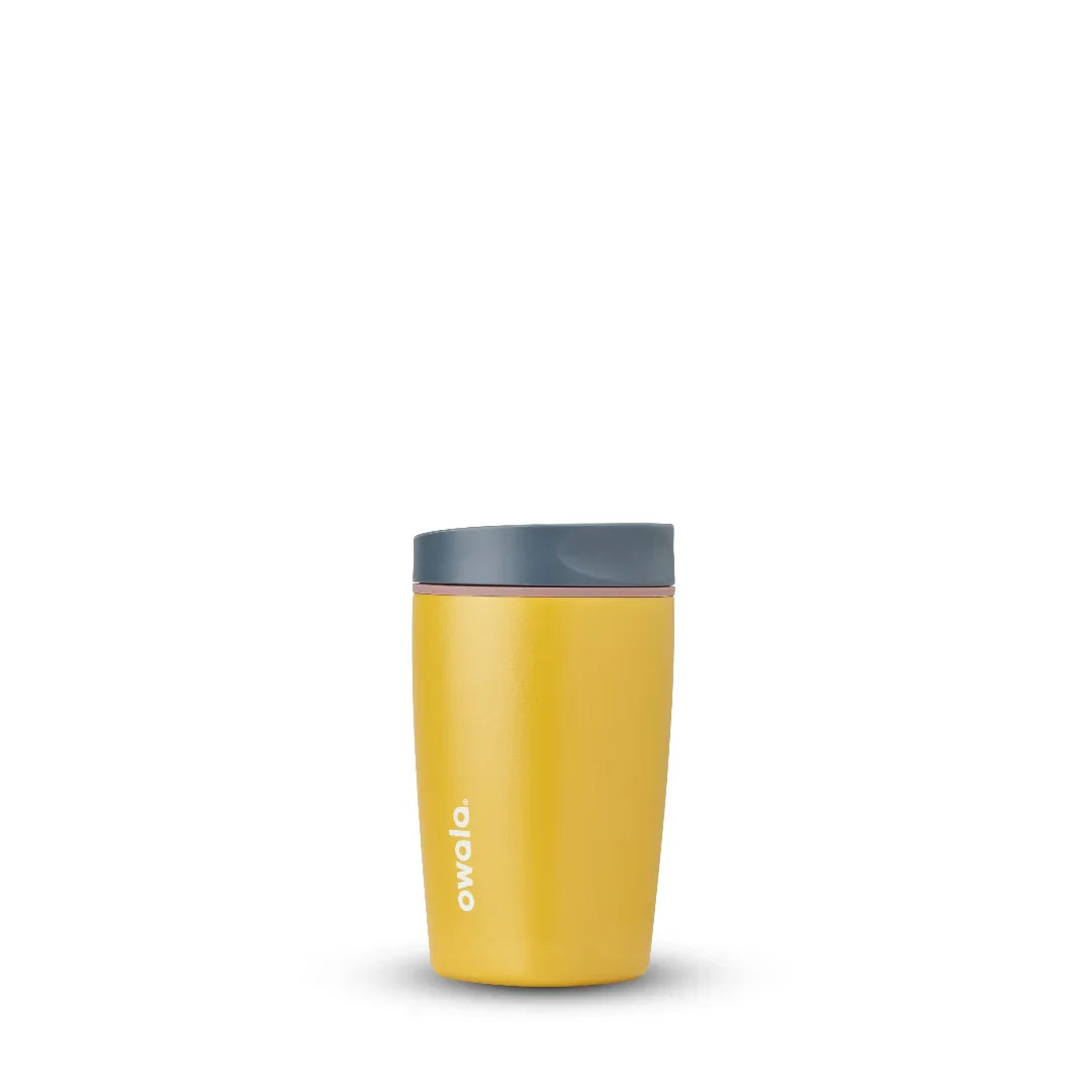 Owala smoothsip slider insulated stainless steel coffee cup 355ml yellow base with dark lid