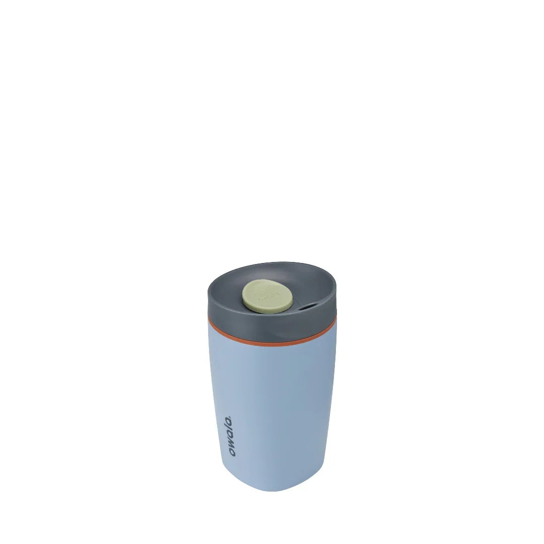Owala smoothsip slider insulated stainless steel coffee cup 355ml light blue base with dark lid high view