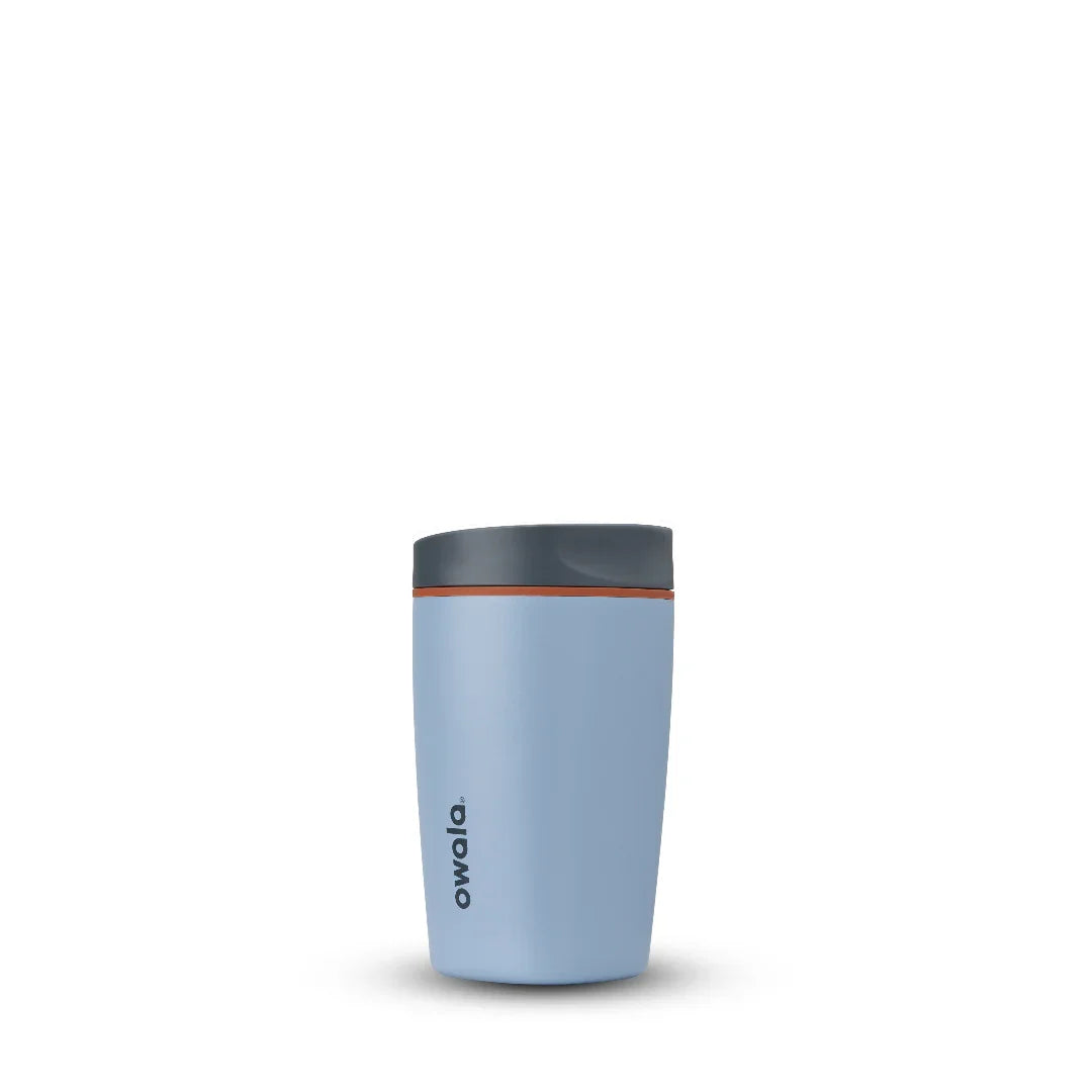 Owala smoothsip slider insulated stainless steel coffee cup 355ml light blue base with dark lid