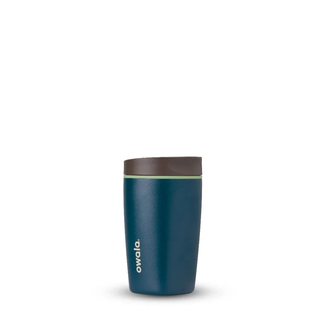 Owala smoothsip slider insulated stainless steel coffee cup 355ml blue base with dark lid