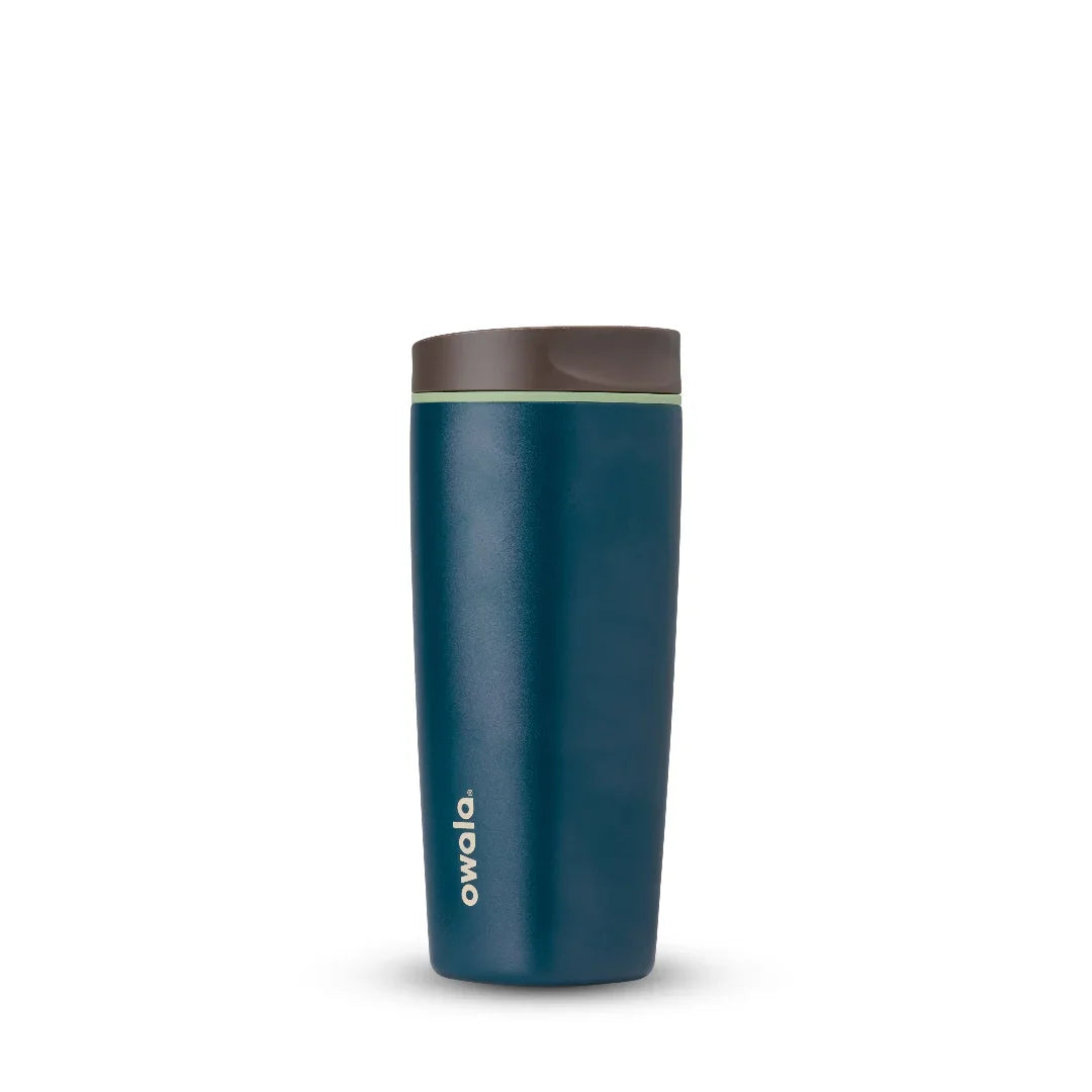 Owala smoothsip slider insulated stainless steel coffee cup 590ml blue base with dark lid