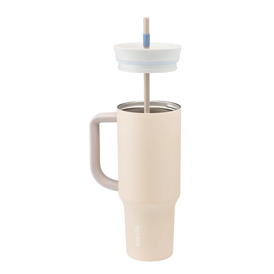 Owala stainless steel insulated tumbler with handle and straw 1185ml beige/sand base with light lid half off