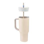 Owala stainless steel insulated tumbler with handle and straw 1185ml beige/sand base with light lid half off