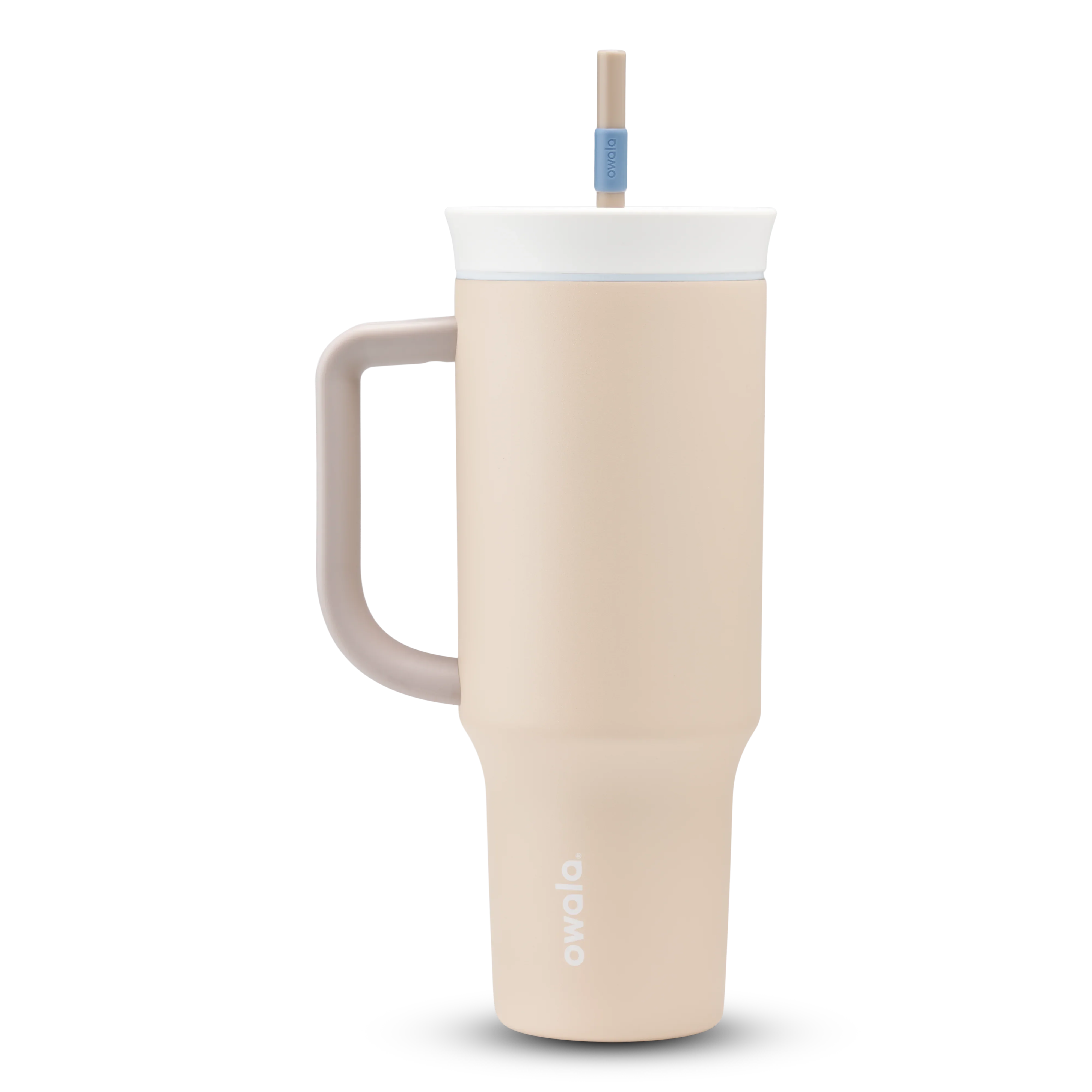 Owala stainless steel insulated tumbler with handle and straw 1185ml beige/sand base with light lid