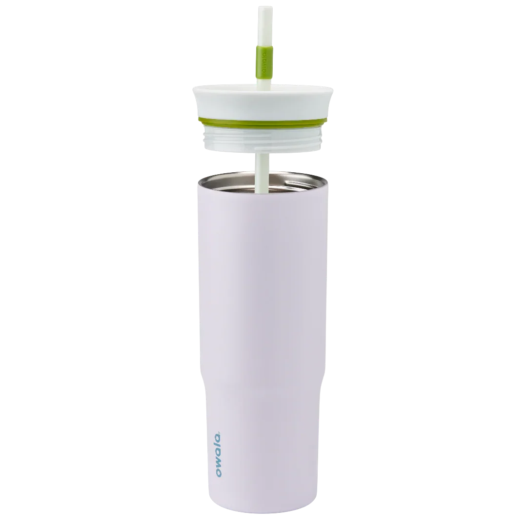 Owala 710ml white tumbler with a green lid and straw