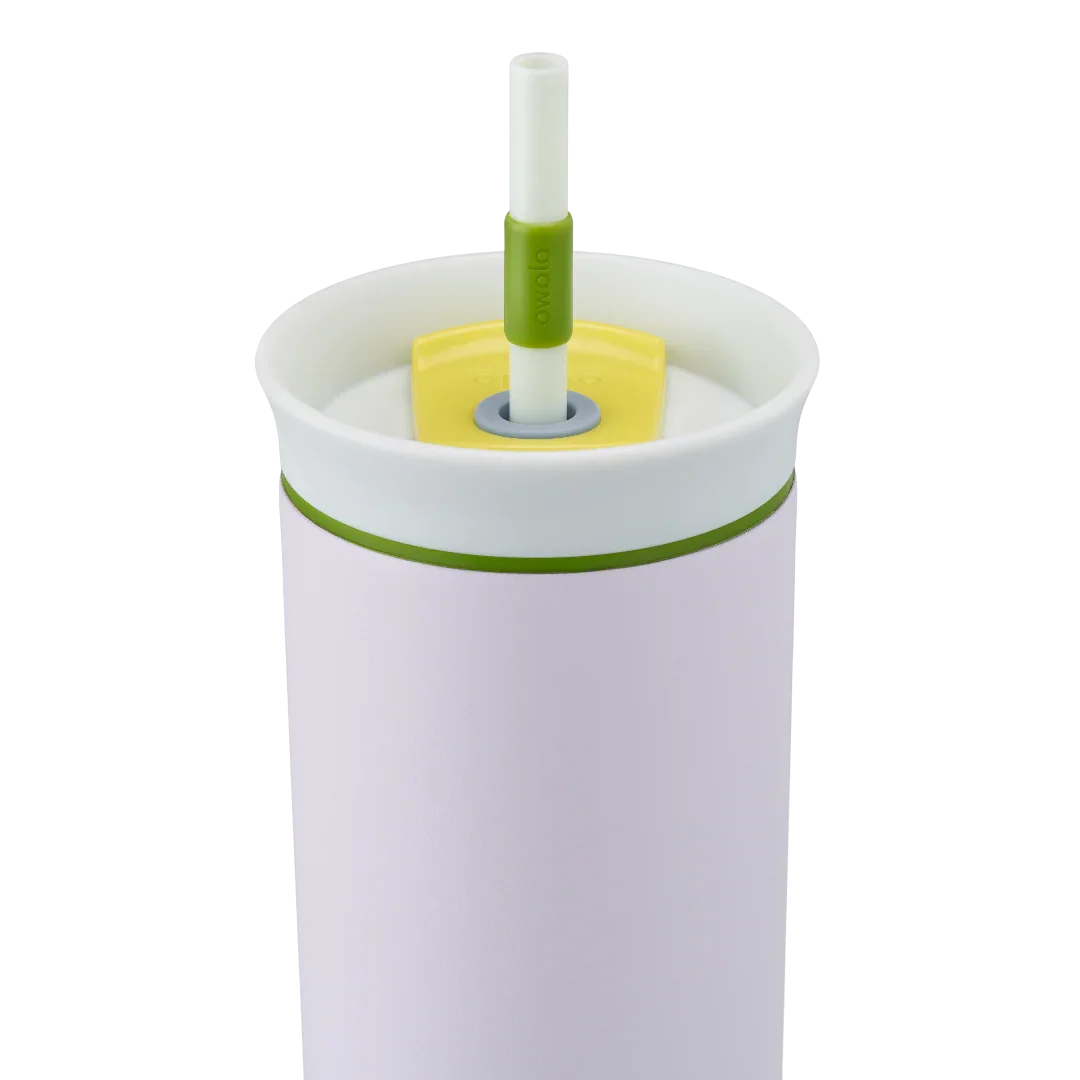 Owala light pink tumbler with removable straw 710ml white lid close up shot of lid
