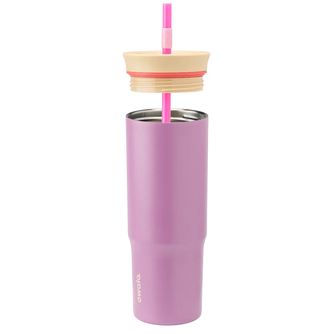 Owala purple tumbler with a beige lid and pink straw lid half off