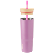 Owala purple tumbler with a beige lid and pink straw lid half off