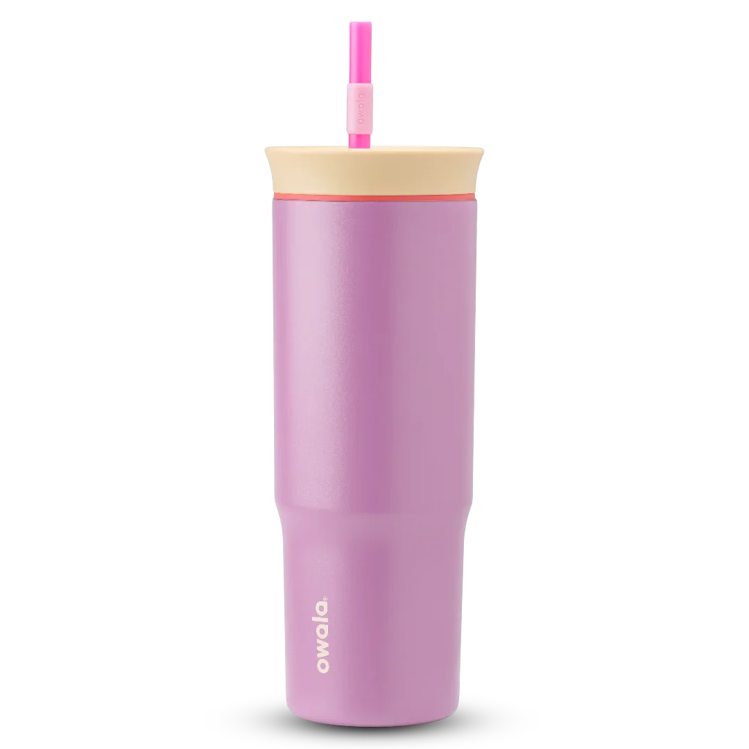 Owala purple tumbler with a beige lid and pink straw