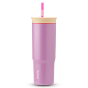 Owala purple tumbler with a beige lid and pink straw