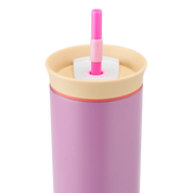 Owala purple tumbler with a beige lid and pink straw close up shot of lid