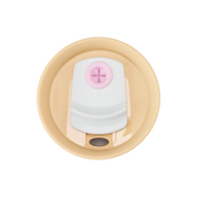 Owala purple tumbler with a beige lid and pink straw top down shot of lid