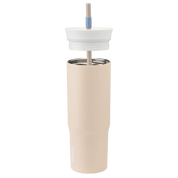 Owala beige 710ml tumbler with a white lid and straw lid half off