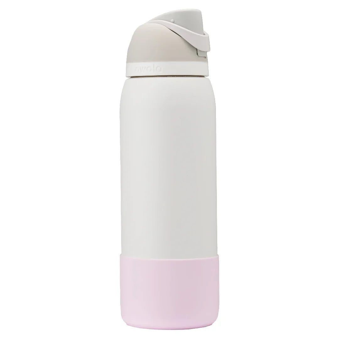 Owala pink silicone bottle boot on white freesip bottle