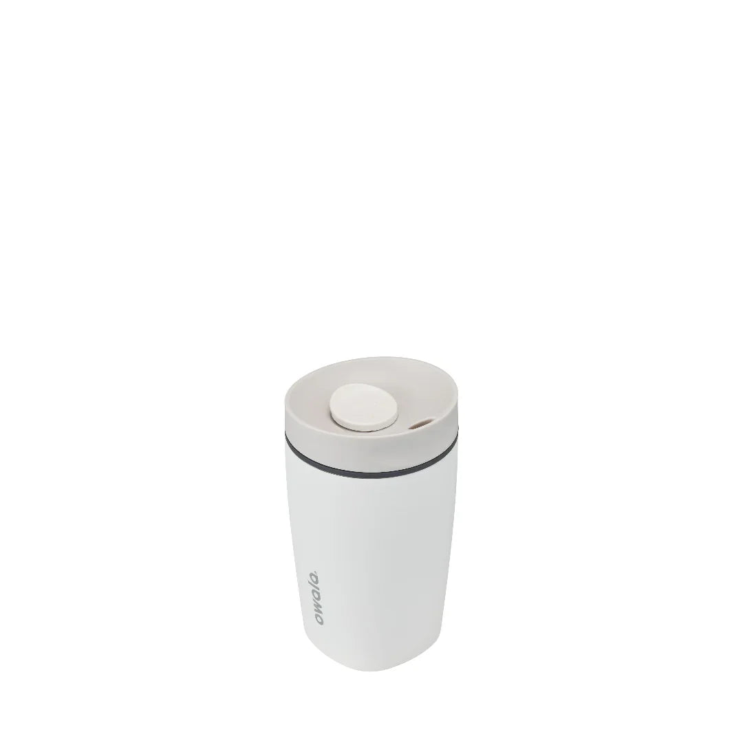 Owala smoothsip slider insulated stainless steel coffee cup 355ml white base with white lid high view