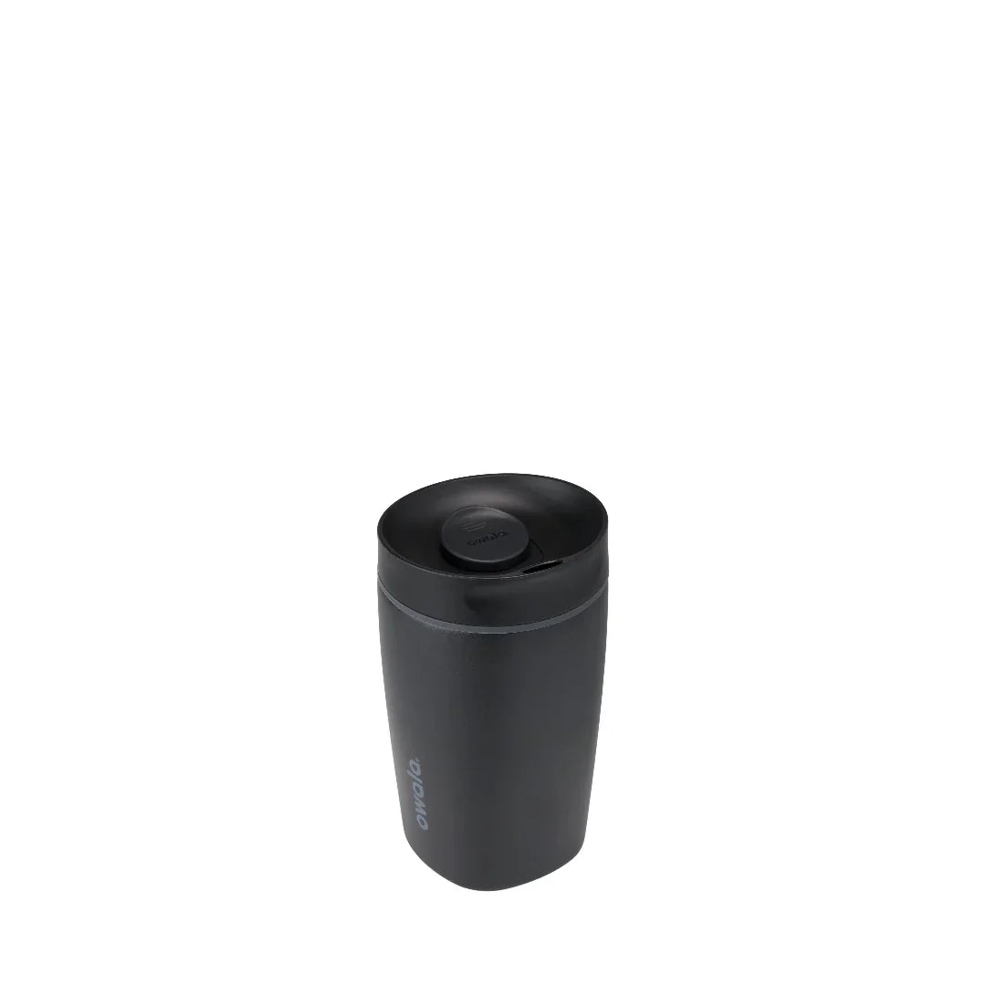 Owala smoothsip slider insulated stainless steel coffee cup 355ml black base with black lid high view