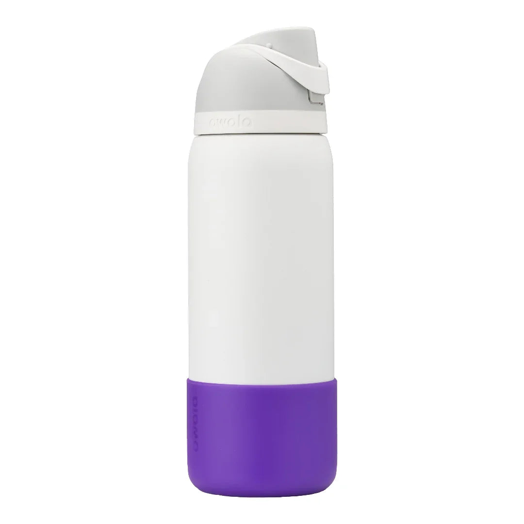 Owala purple silicone bottle boot on white freesip bottle