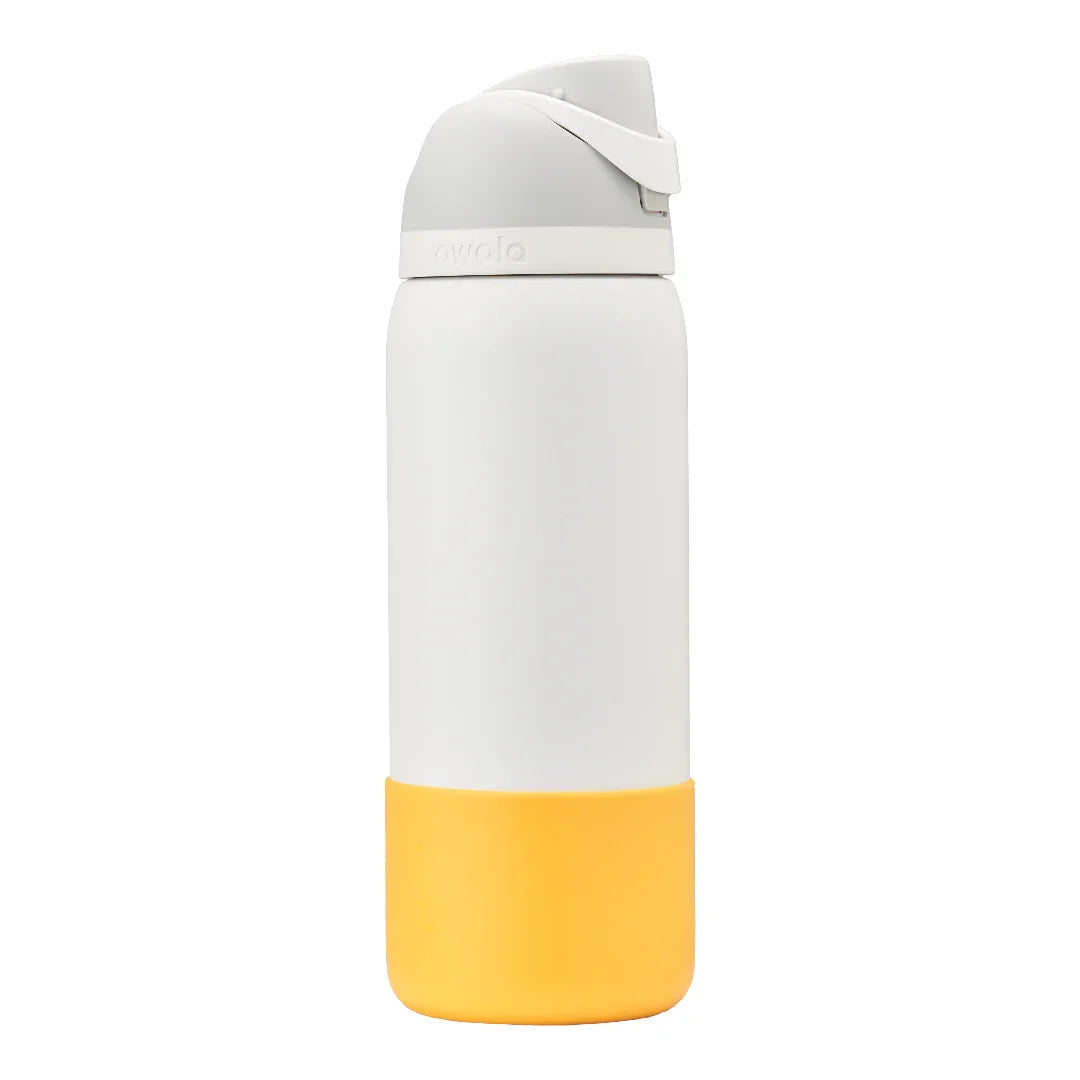 Owala yellow silicone bottle boot on white freesip bottle