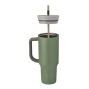 Owala stainless steel insulated tumbler with handle and straw 1185ml dark green base with light lid half off