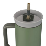 Owala stainless steel insulated tumbler with handle and straw 1185ml dark green base with light lid close up shot