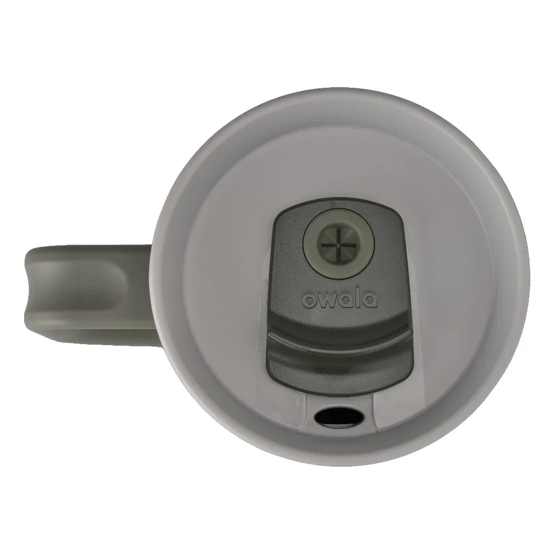 Owala stainless steel insulated tumbler with handle and straw 1185ml dark green base with light lid top down view