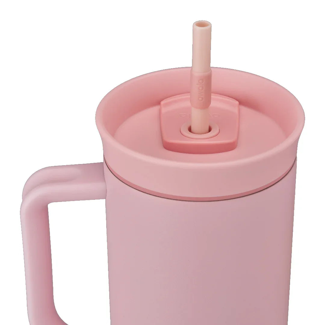 Owala stainless steel insulated tumbler with handle and straw 1185ml blush pink base with blush pink lid close up shot