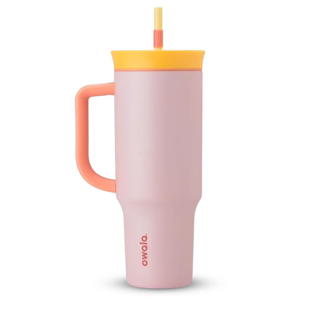 Owala stainless steel insulated tumbler with handle and straw 1185ml pink base with yellow lid