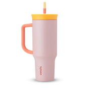 Owala stainless steel insulated tumbler with handle and straw 1185ml pink base with yellow lid