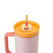 Owala stainless steel insulated tumbler with handle and straw 1185ml pink base with yellow lid close up shot