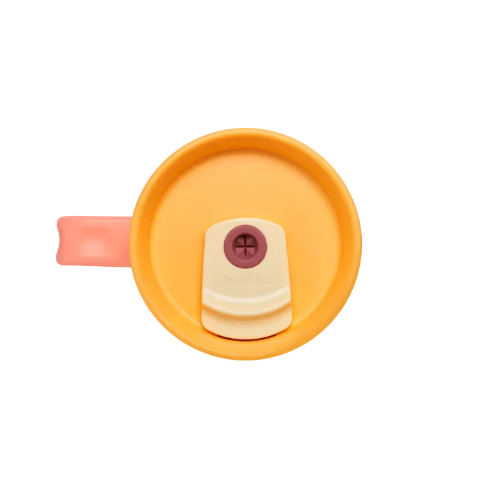 Owala stainless steel insulated tumbler with handle and straw 1185ml pink base with yellow lid top down view