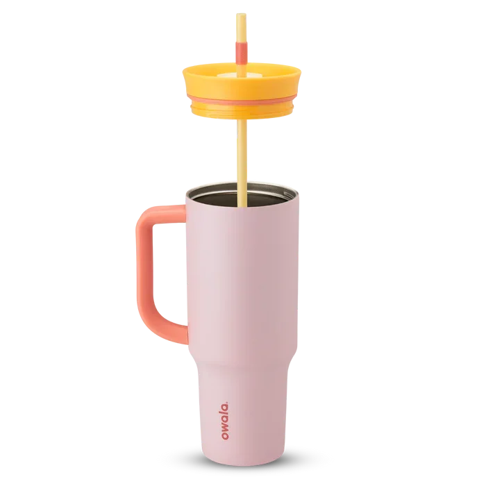 Owala stainless steel insulated tumbler with handle and straw 1185ml pink base with yellow lid half off