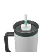 Owala stainless steel insulated tumbler with handle and straw 1185ml light base with dark lid close up shot