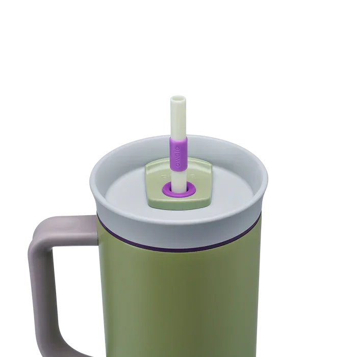 Owala stainless steel insulated tumbler with handle and straw 1185ml green base with light lid close up shot