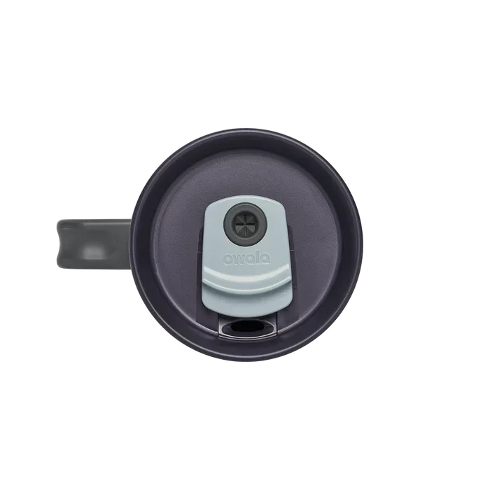 Owala stainless steel insulated tumbler with handle and straw 1185ml light blue base with dark lid top down view