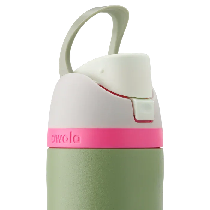 Owala freesip water bottle closed lid with carry handle neo sage - green bottle with pink lid