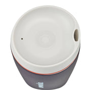 Owala smoothsip insulated stainless steel coffee cup dark base top down view with light lid on